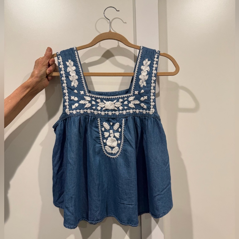 Lovers + Friends, denim embroided peasant top